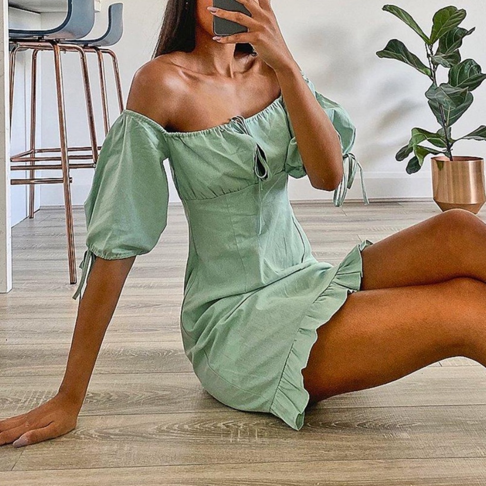 Green Off the Shoulder Mini Dress